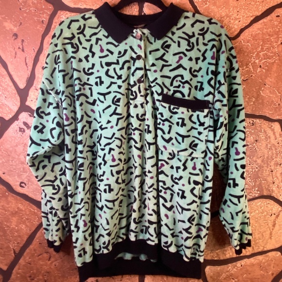 Velour collared maximalist sweater abstract vintage Keith Haring esque - Picture 11 of 14